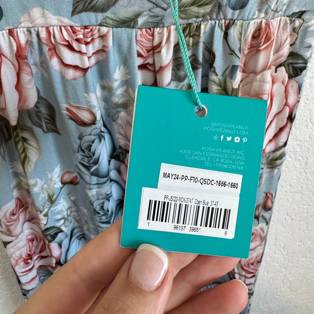 NEW NWT Posh Peanut Floral Scoop Neck Short Sleeve Wide Leg Jumpsuit Blue 3T-4T - Picture 8 of 9